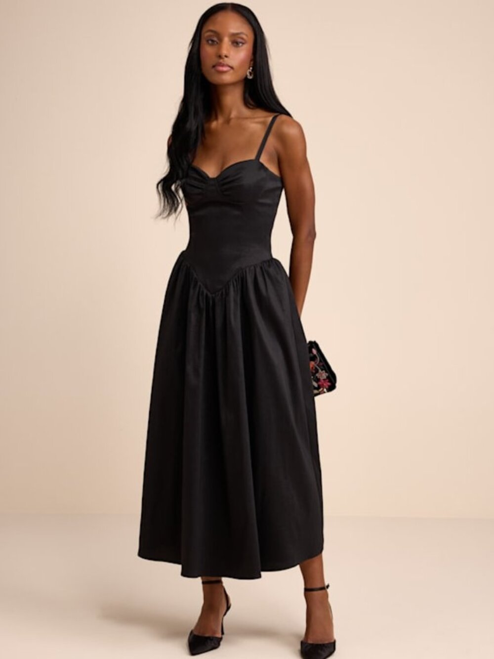 Lulus Goodwin Black Taffeta Tie-strap Bustier Midi Dress - Size S